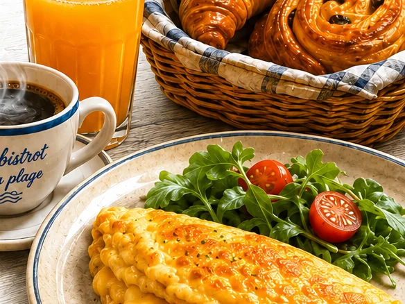 Café, jus d'orange pressé, croissant, pain au chocolat et omelette